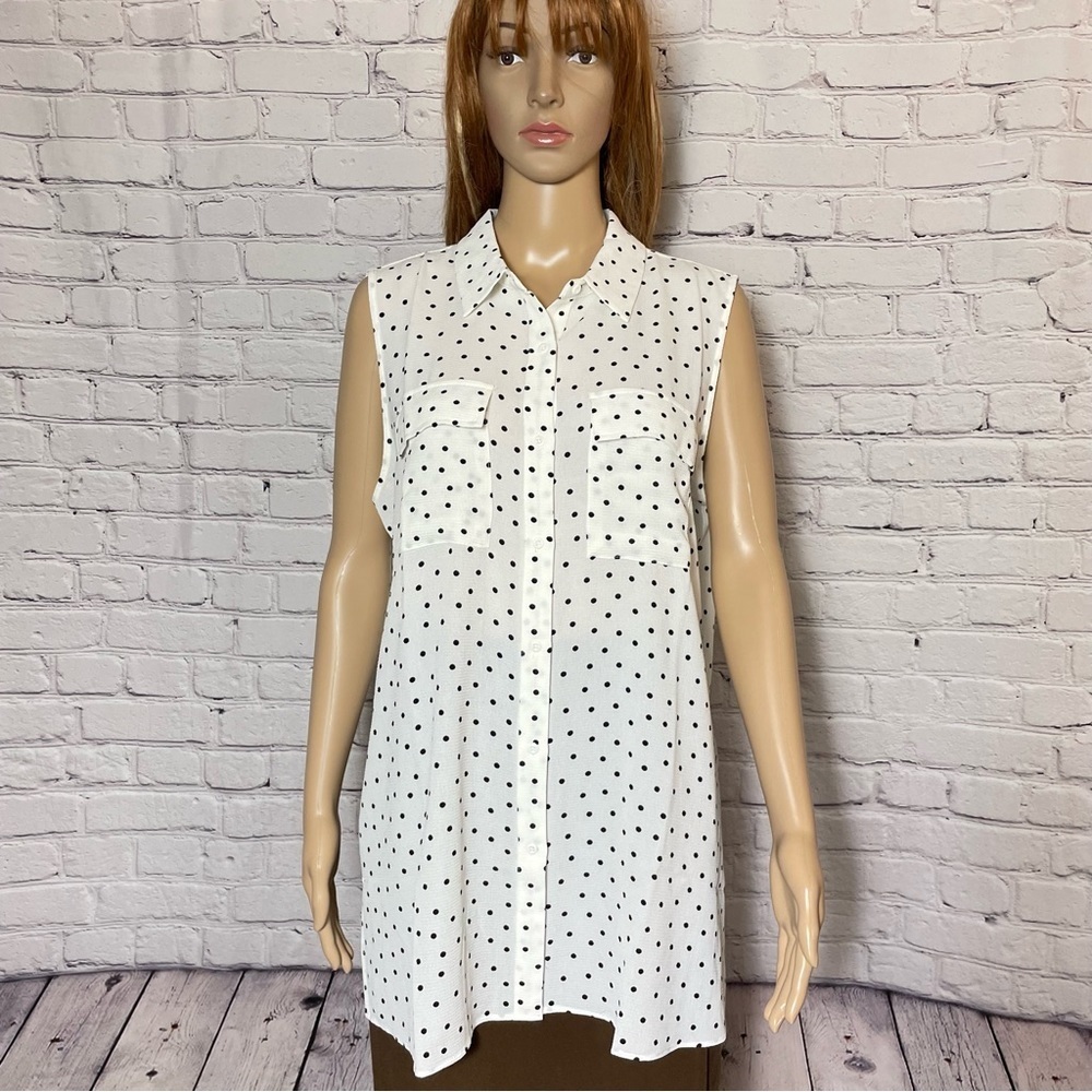 NWT New $59 Adrianna Papell Sleeveless Ivory Polka Dot Blouse Size L